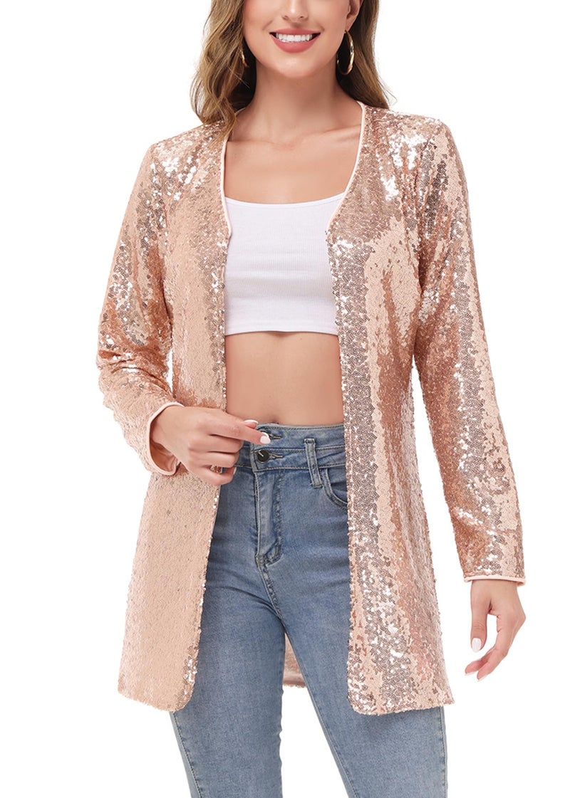 Anna-Kaci Women's Open Front Sequin Coat Las Vegas Blazer Party Club Cocktail Jacket Outerwear, Rose Gold, X-Large - Image 1